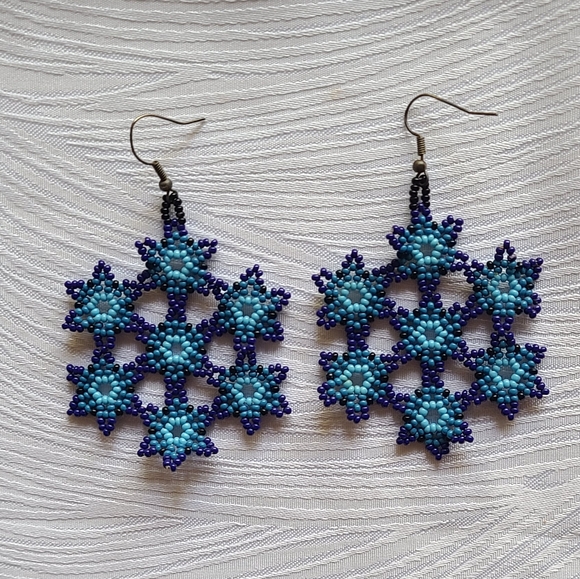 Handmade Huichol Blue Beaded Earrings - Picture 1 of 7